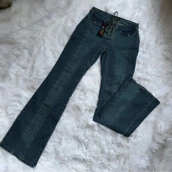 ⛅️[ Dolls Kill ] X Delia’s Hillside Sweetheart Flare Denim Jeans Lace-Up Waist - Picture 17 of 17